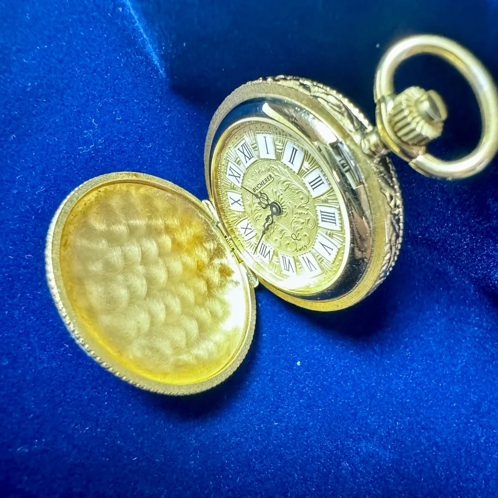 Vintage Bucherer Gold Floral Ceramic Quartz Pendant Watch Violet